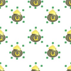 Cute seamless pattern with green clovers and pots of gold on white background, dpi 5000x5000