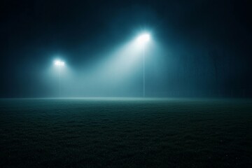 Foggy night scene with two bright stadium lights illuminating an empty field.