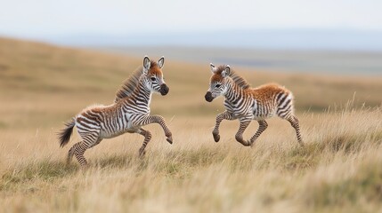 Fototapeta premium Two playful zebras frolic in a grassy field under a clear sky, showcasing their lively nature