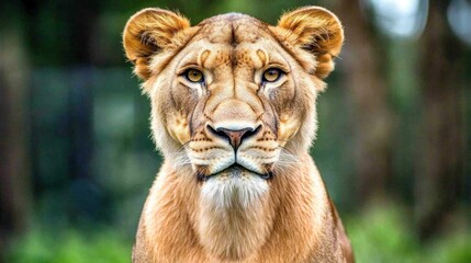 Obraz premium Lioness portrait, zoo enclosure, green background, wildlife photography