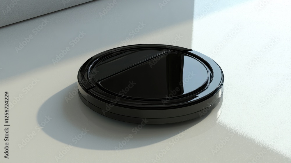 Poster sleek round black object on a white surface with soft shadowing