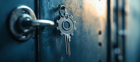 Close-up of a gear-shaped key in a door lock.
