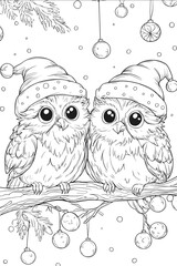 coloring book for kids thick lines simple low detail Two winter owls wearing Christmas hats perched on a snowy branch