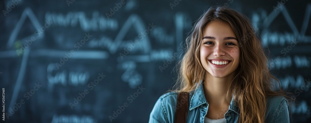 Poster University student smiling while standing by chalkboard