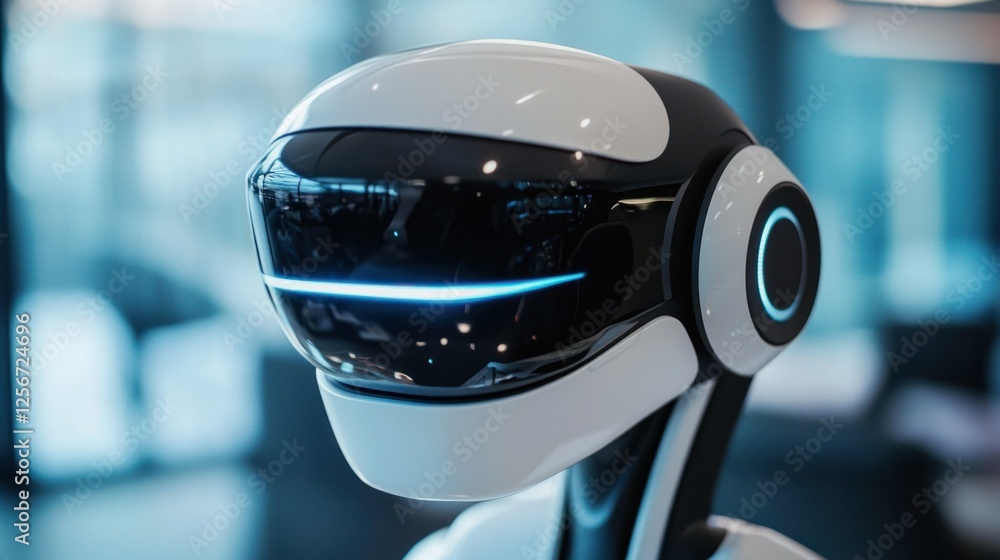 Poster modern robot head with futuristic design and led light features