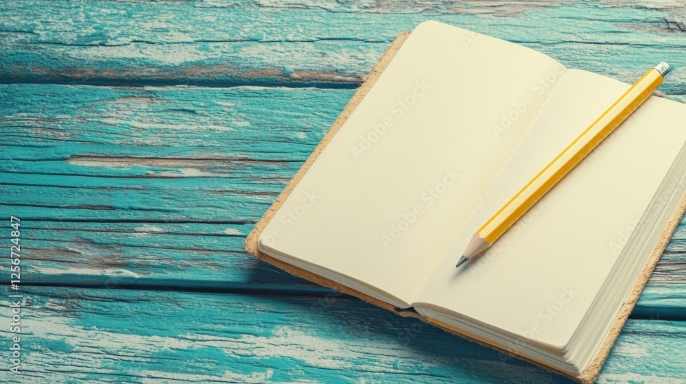 Fototapete Open notebook and pencil on a bright wooden desk with ample space for writing and creativity in a clear environment. Generative AI