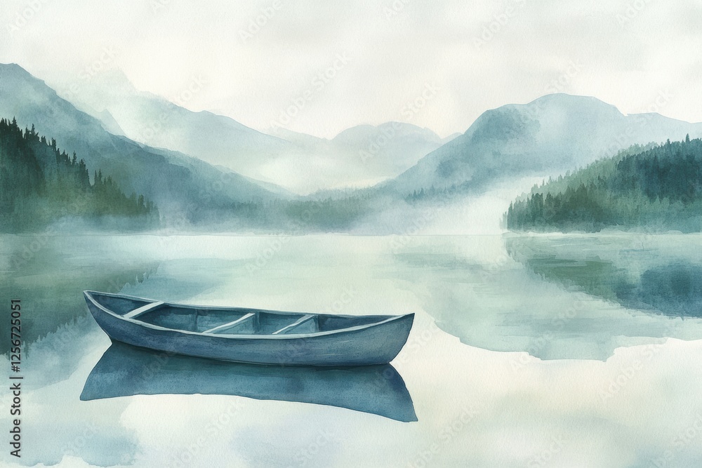 Poster serene watercolor illustration of a single rowboat on a calm mountain lake with a blank sky for text