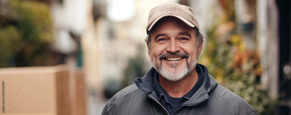 Poster happy delivery man smiling while delivering package