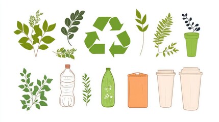 Illustrative collection of eco-friendly symbols, plants, and recyclable materials on a clean background