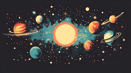 Fototapeta premium Solar system planets orbit a star, illustration, space, background, wallpaper, education, poster