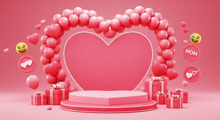 Heart 3D background podium balloon pink day display love happy valentine platform gift party. Product stand 3D background heart stage sale birthday emoji mom icon scene concept mother anniversary.