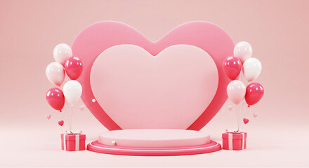 Heart 3D background podium balloon pink day display love happy valentine platform gift party. Product stand 3D background heart stage sale birthday emoji mom icon scene concept mother anniversary.