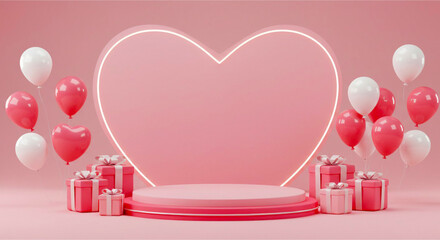 Heart 3D background podium balloon pink day display love happy valentine platform gift party. Product stand 3D background heart stage sale birthday emoji mom icon scene concept mother anniversary.