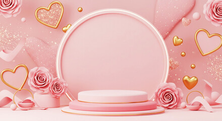 Heart 3D background podium balloon pink day display love happy valentine platform gift party. Product stand 3D background heart stage sale birthday emoji mom icon scene concept mother anniversary.