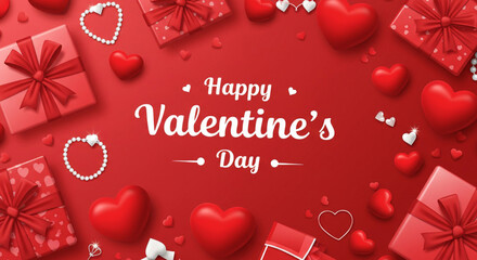 Red Background Happy Valentine's day text, hand lettering typography poster on red gradient background. Vector illustration. Romantic quote postcard, card, invitation, banner template.