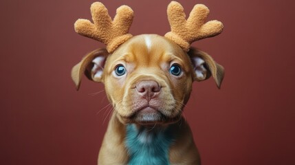 Obraz premium Adorable puppy wearing reindeer antlers against a warm background, exuding festive cheer and charm