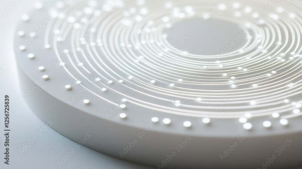 Poster abstract white circular design with glowing dots and lines, resembling a futuristic technology or da