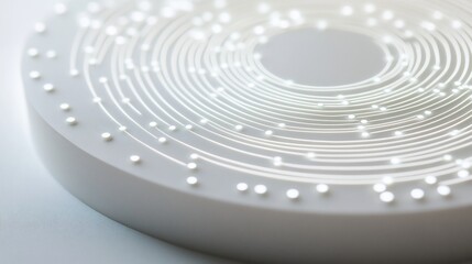 Abstract white circular design with glowing dots and lines, resembling a futuristic technology or data visualization concept.
