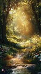Serene Sunlit Forest with Flowing Stream