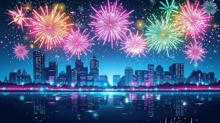 Fireworks over a city at night. AI.