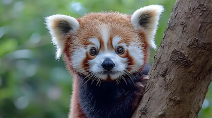 Naklejka premium Red panda cub clinging to tree, lush green background, wildlife, zoo