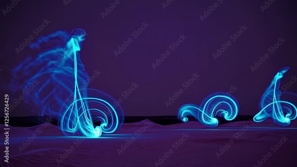 Poster light painting creating abstract shapes resembling magical creatures with glowing trails in a desert