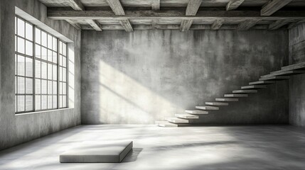 Sunlit industrial loft interior with concrete walls, large window, and floating staircase.