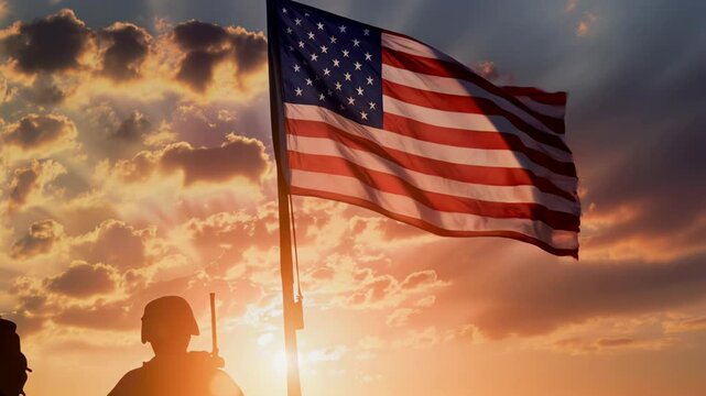 Platoon of Soldiers and USA flag on sunrise background .Concept National holidays , Flag Day, Veterans Day, Memorial Day, Independence Day, Patriot Day