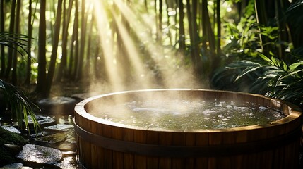 Steam rises from a wooden hot tub nestled in a bamboo forest bathed in sunlight.