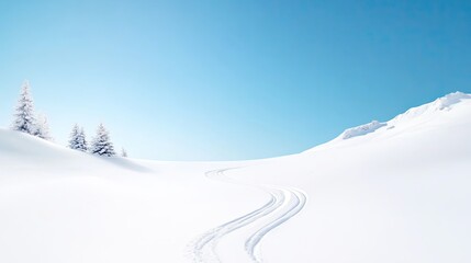 Snowy landscape with ski tracks leading through a serene winter scene under a clear sky