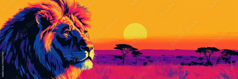 Poster vibrant pop art lion portrait against a colorful savanna sunset with space for custom text. generati