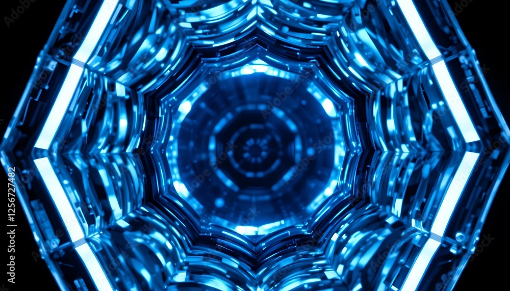 Poster illuminated blue tunnel perspective with geometric pattern and abstract design