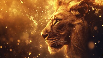 Majestic lion profile, fiery background, wildlife, nature power