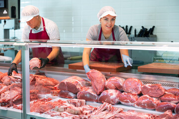 Positive young girl, professional butcher shop saleswoman, arranging meat products in display case,...