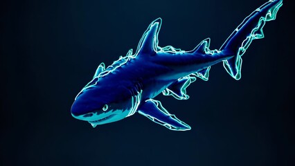 Obraz premium Blue shark is swimming in dark water with its fins glowing with turquoise bioluminescence, creating a mesmerizing and surreal underwater scene