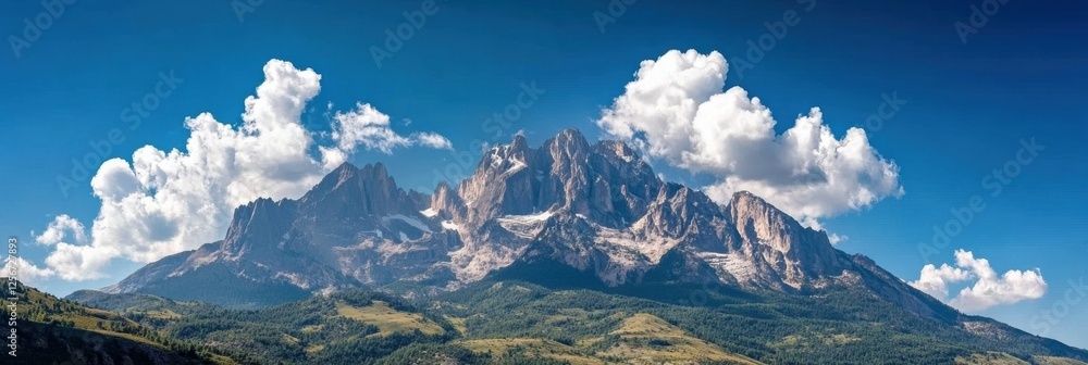 Aufkleber Majestic mountain range with soft clouds under a clear blue sky creating a serene landscape. Generative AI