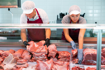 Focused skilled workers of butchery shop, elderly man and young woman, working together behind...