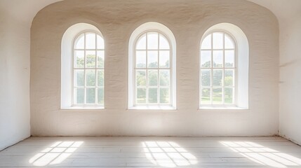 Sunlight streams through three arched windows in a bright, empty room with white walls and wooden floor.