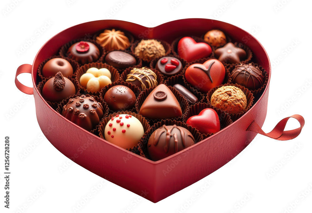 Poster heartshaped red box of chocolates on a transparent background. a heart shaped box filled with chocol