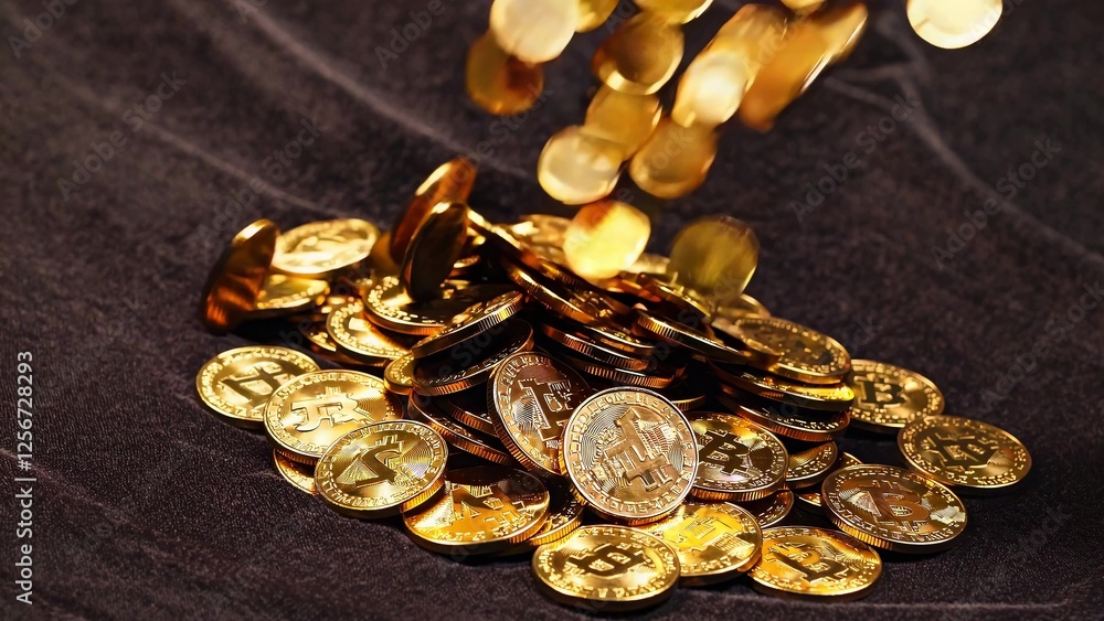 Poster shiny golden bitcoins are cascading onto a mound of other bitcoins, creating a visual representation