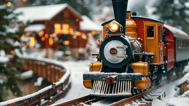 Vintage steam train travels through a snowy landscape toward a cozy cabin adorned with holiday lights