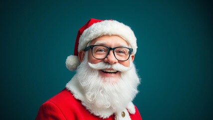 Naklejka premium Portrait of Santa Claus smiling with his glasses on, ready for Christmas, character, happy, merry