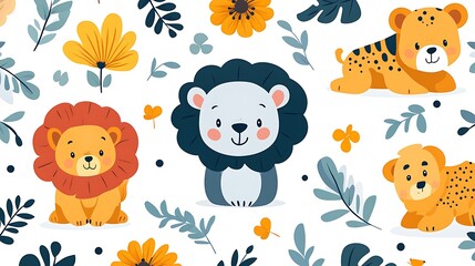Naklejka premium Adorable cartoon lions and cheetahs among flowers and leaves.