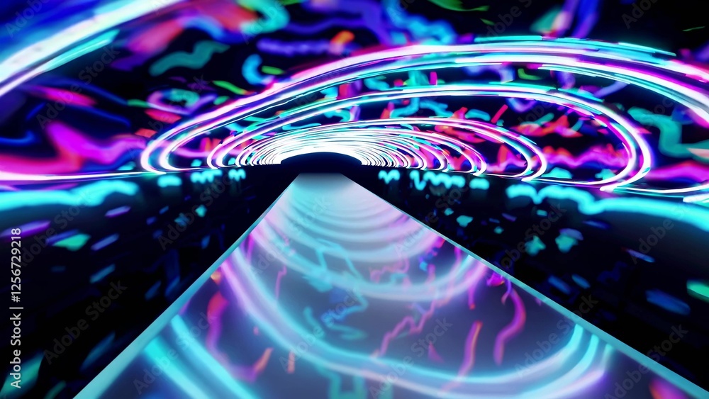 Aufkleber vibrant neon lights create a mesmerizing spectacle in a futuristic tunnel, casting dynamic reflectio