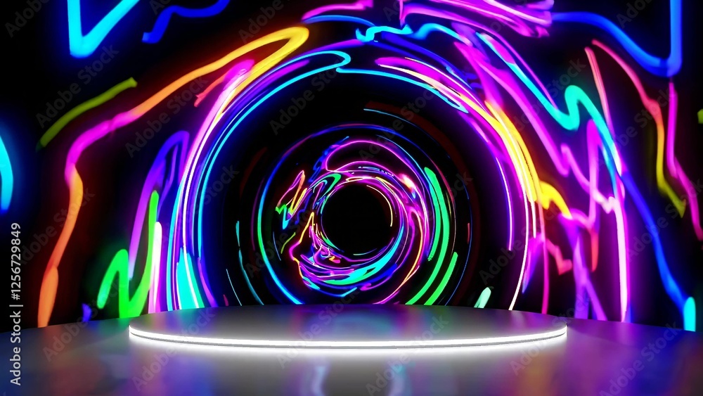 Poster bright neon lights in different colors swirling to form a vortex around a white podium illuminated b