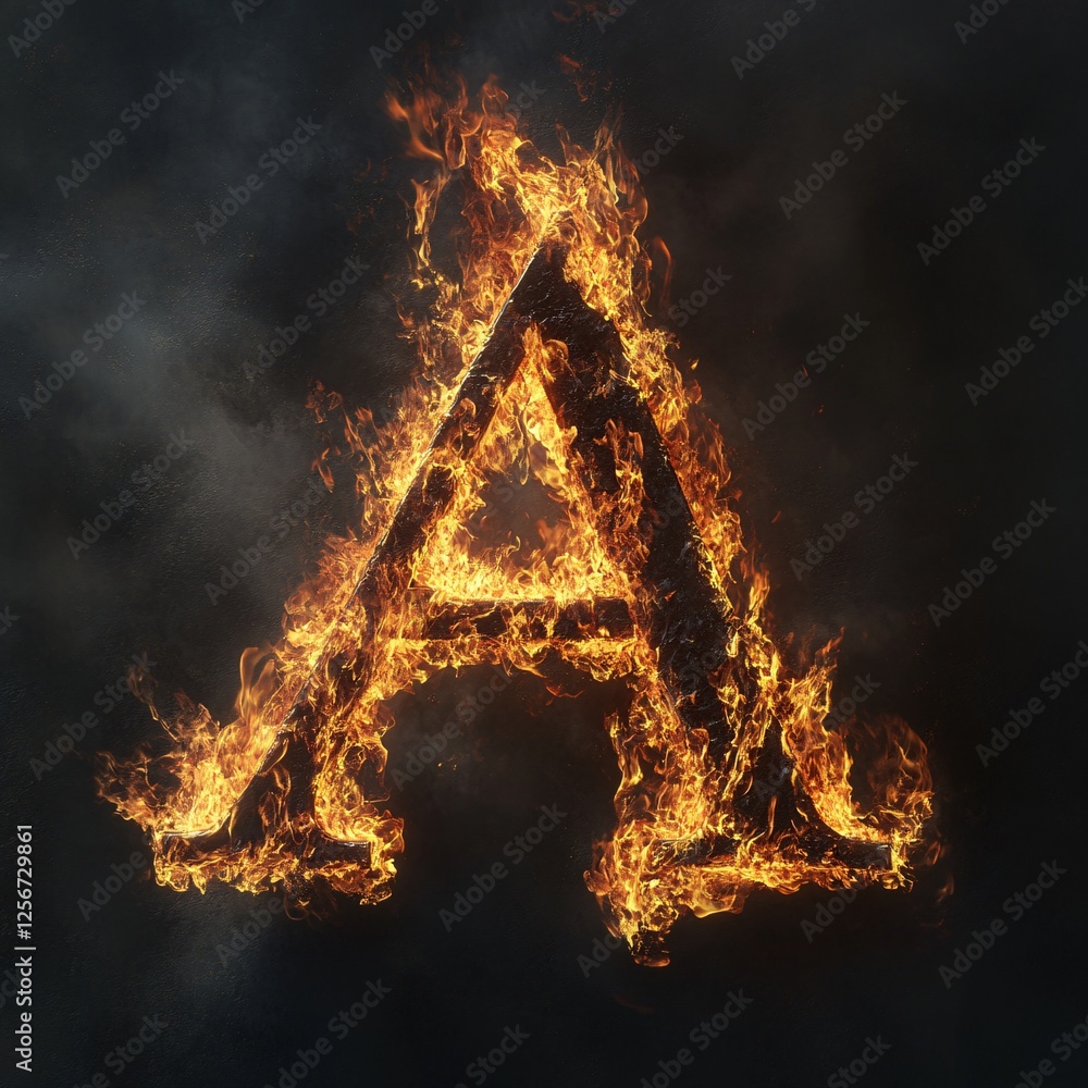 Poster 3d rendering of the letter a engulfed in flames, with a dark and smoky background