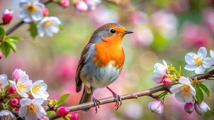 European Robin Perched on Blossom Branch