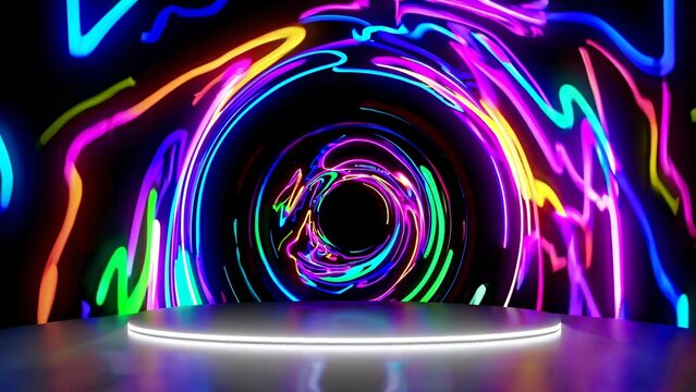 Bright neon lights in different colors swirling to form a vortex around a white podium illuminated by a led strip light, creating a vibrant and futuristic atmosphere in a dark room