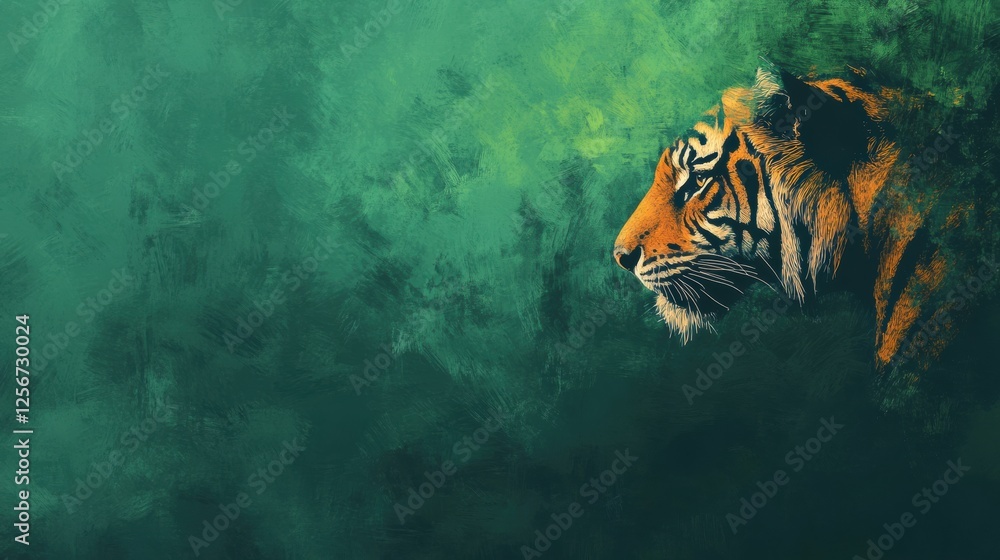 Poster vibrant impressionist tiger portrait set against lush jungle background with ample space for creativ