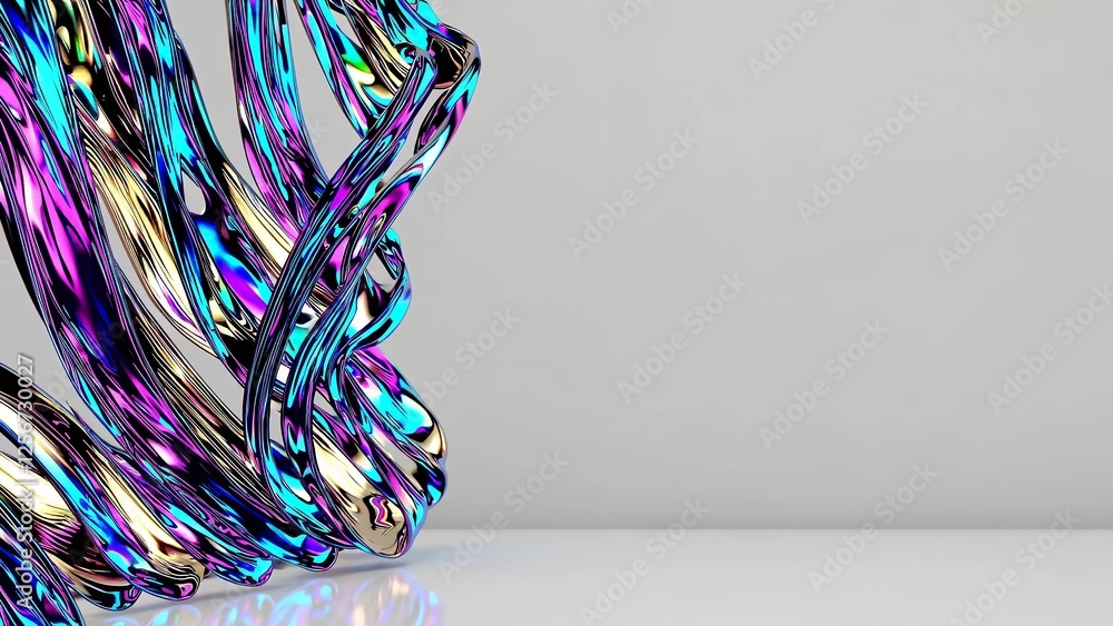 Poster holographic iridescent abstract colorful metal lines are rotating and reflecting on a white backgrou